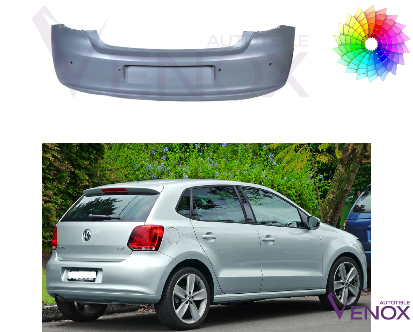 Voor VW Polo 6R 2009-2014 PDC achterbumper gespoten in de gewenste kleur - Afbeelding 2