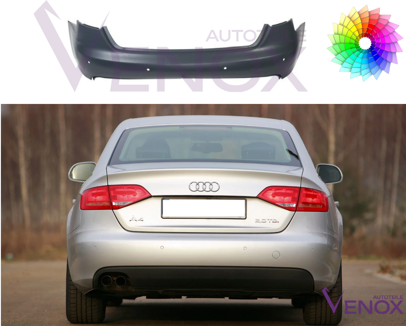 Voor Audi A4 B8 07-11 Bumper Met PDC Achter In Aangepaste Kleur Gespoten NIEUW - Afbeelding 2