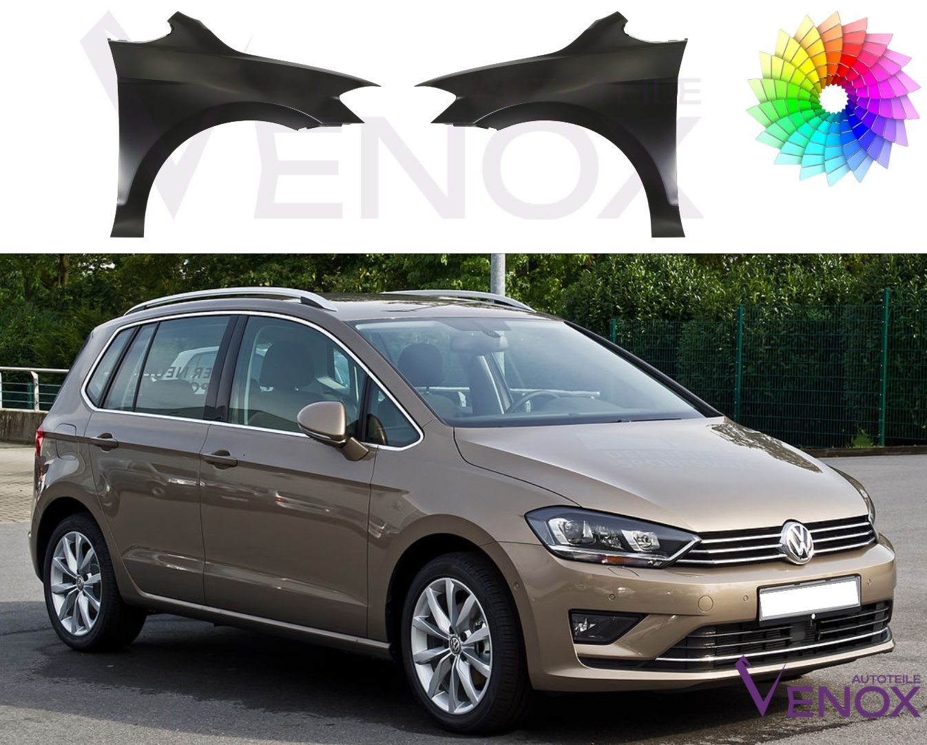 Spatbord voor VW Golf Sportsvan rechtsvoor gespoten in de gewenste kleur 2014-2020 - Afbeelding 2