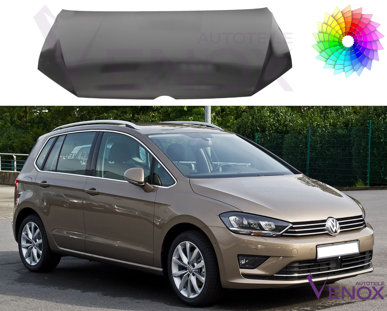 Motorkap voor Vw Golf Sportsvan gespoten in de gewenste kleur vanaf 2013 - Afbeelding 2