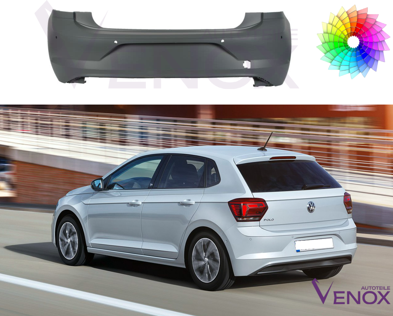 Voor Vw Polo vanaf 2017- 4 x PDC achterbumper gespoten in de gewenste kleur - Afbeelding 2