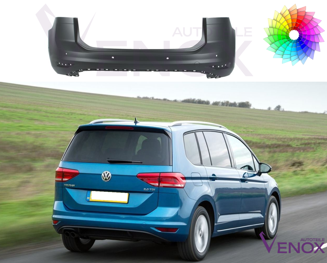 Voor Vw Touran 5T vanaf 2015 PDC achterbumper gespoten in gewenste kleur - Afbeelding 2