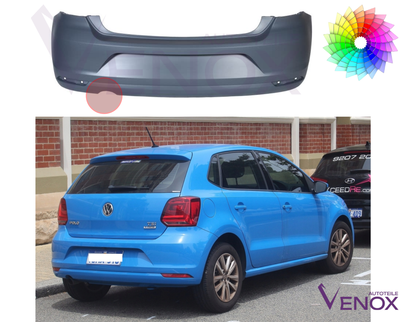 Voor VW Polo 6R 2014-2017 achterbumper gespoten in de gewenste kleur - Afbeelding 2